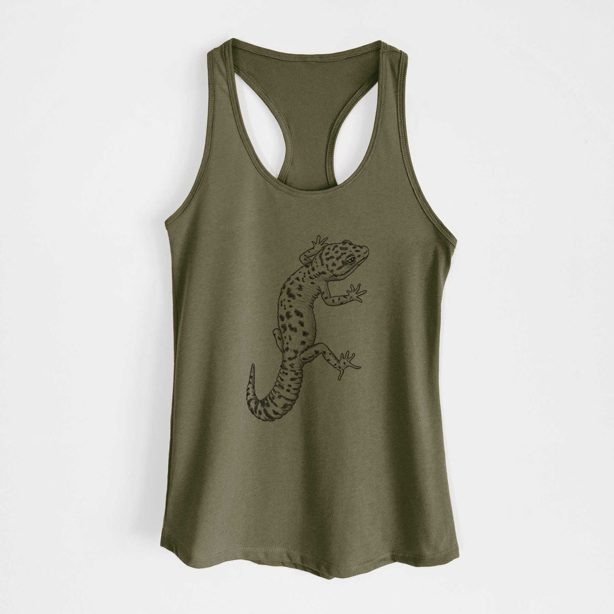 Military green women's racerback tank top laid flat, printed with a detailed black ink illustration of a spotted leopard gecko climbing.