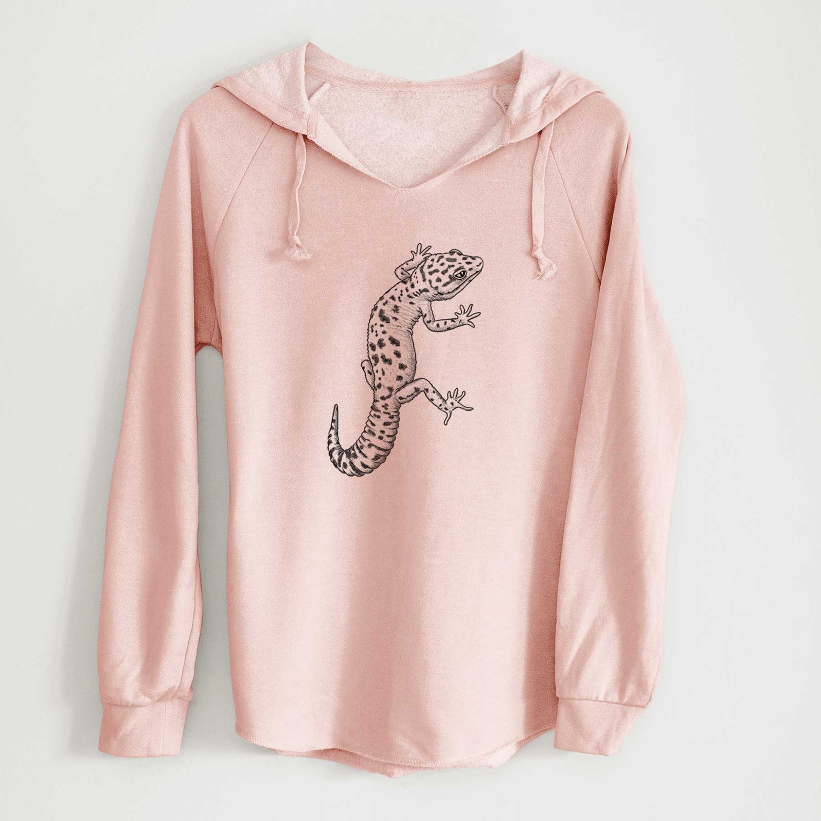 Sage green women's Cali Wave hooded sweatshirt laid flat, printed with a detailed black ink illustration of a spotted leopard gecko climbing.