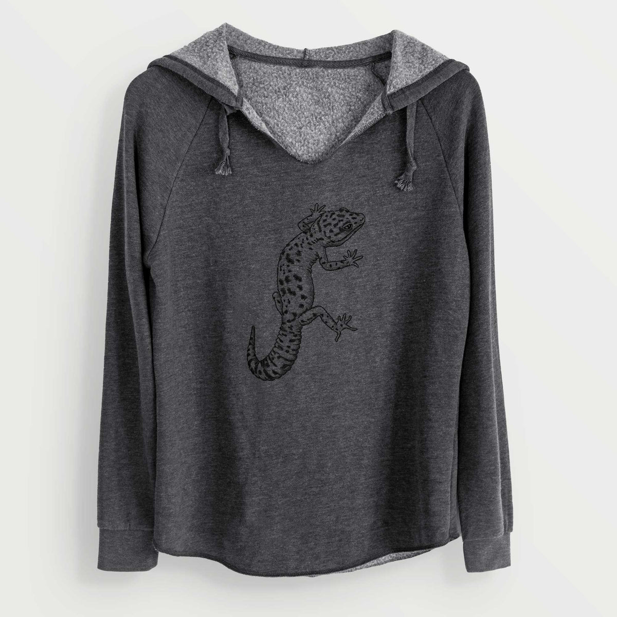 Charcoal grey women's Cali Wave hooded sweatshirt laid flat, printed with a detailed black ink illustration of a spotted leopard gecko climbing.