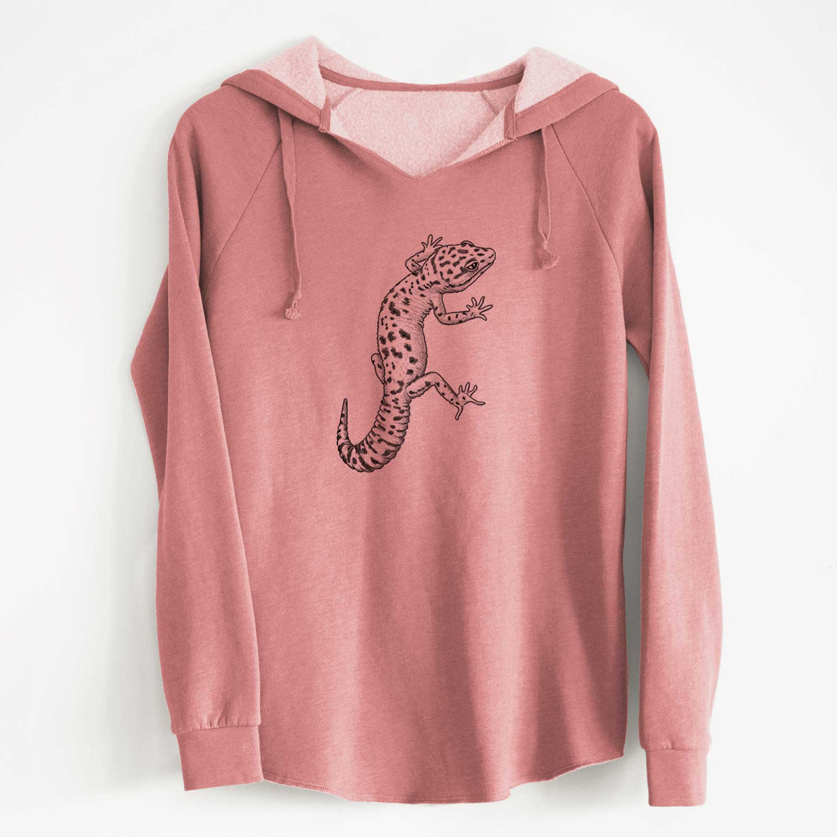Dusty rose women's Cali Wave hooded sweatshirt laid flat, printed with a detailed black ink illustration of a spotted leopard gecko climbing.