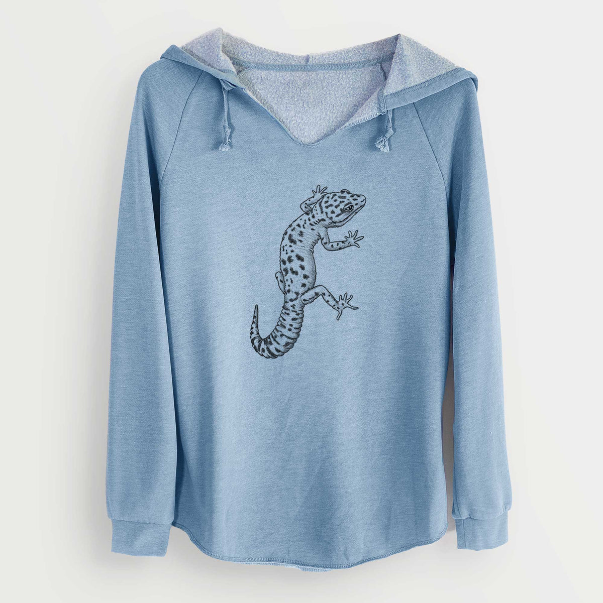 Misty blue women's Cali Wave hooded sweatshirt laid flat, printed with a detailed black ink illustration of a spotted leopard gecko climbing.