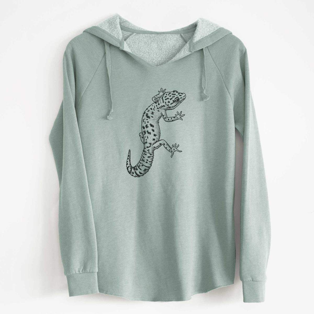 Sage green women's Cali Wave hooded sweatshirt laid flat, printed with a detailed black ink illustration of a spotted leopard gecko climbing.