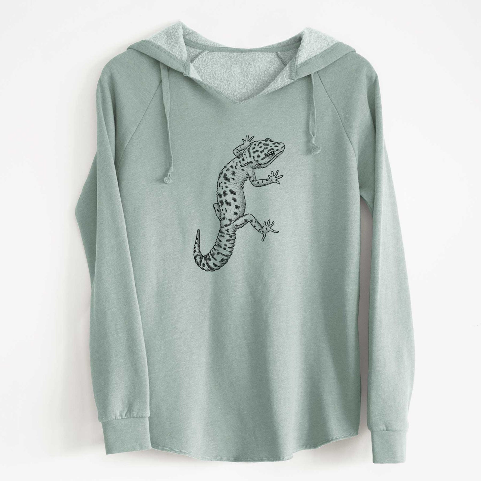 Sage green women's Cali Wave hooded sweatshirt laid flat, printed with a detailed black ink illustration of a spotted leopard gecko climbing.
