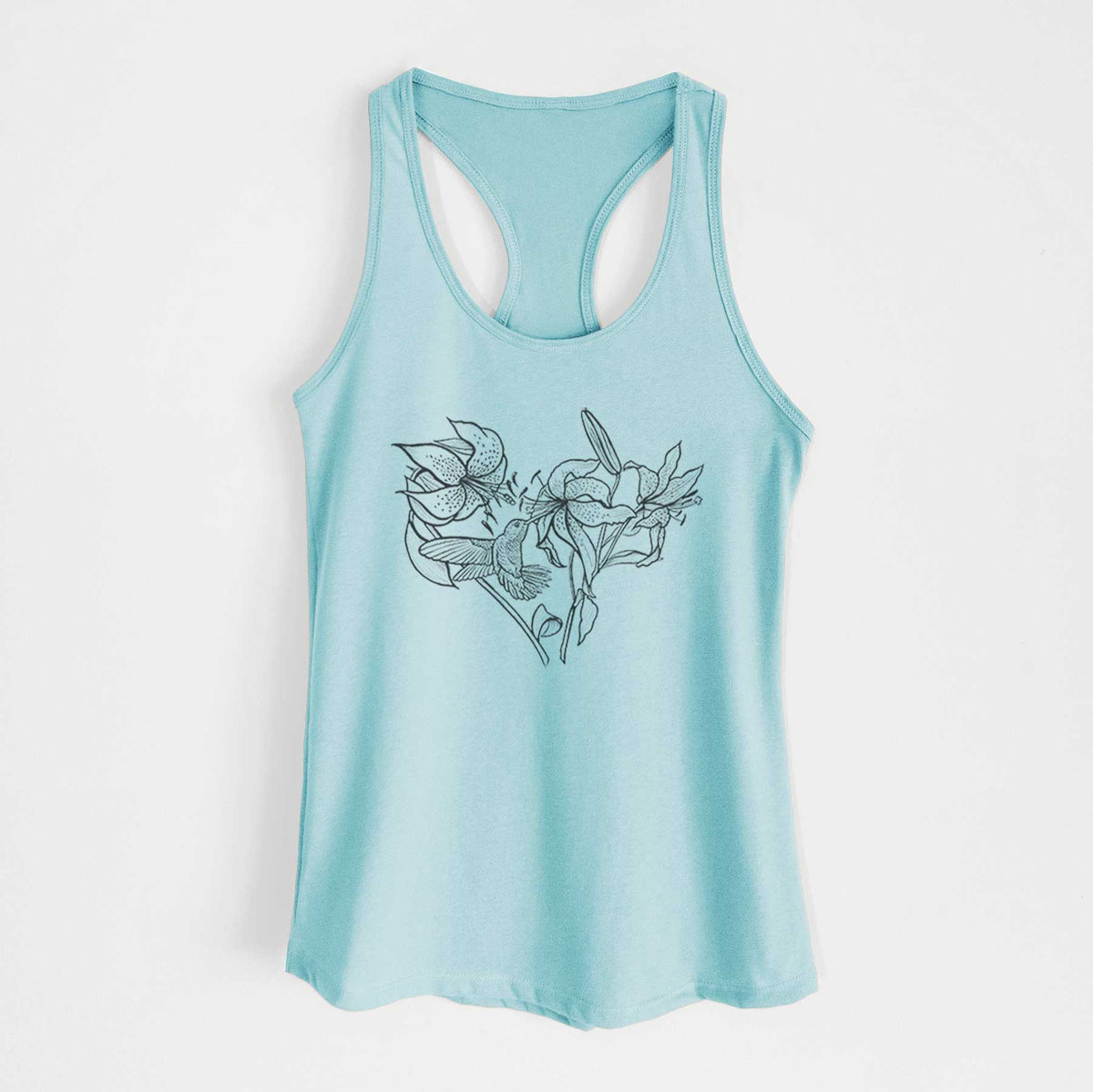 Cancun blue women's racerback tank top laid flat, printed with a black ink line drawing of lilies and a hummingbird arranged in a heart shape.