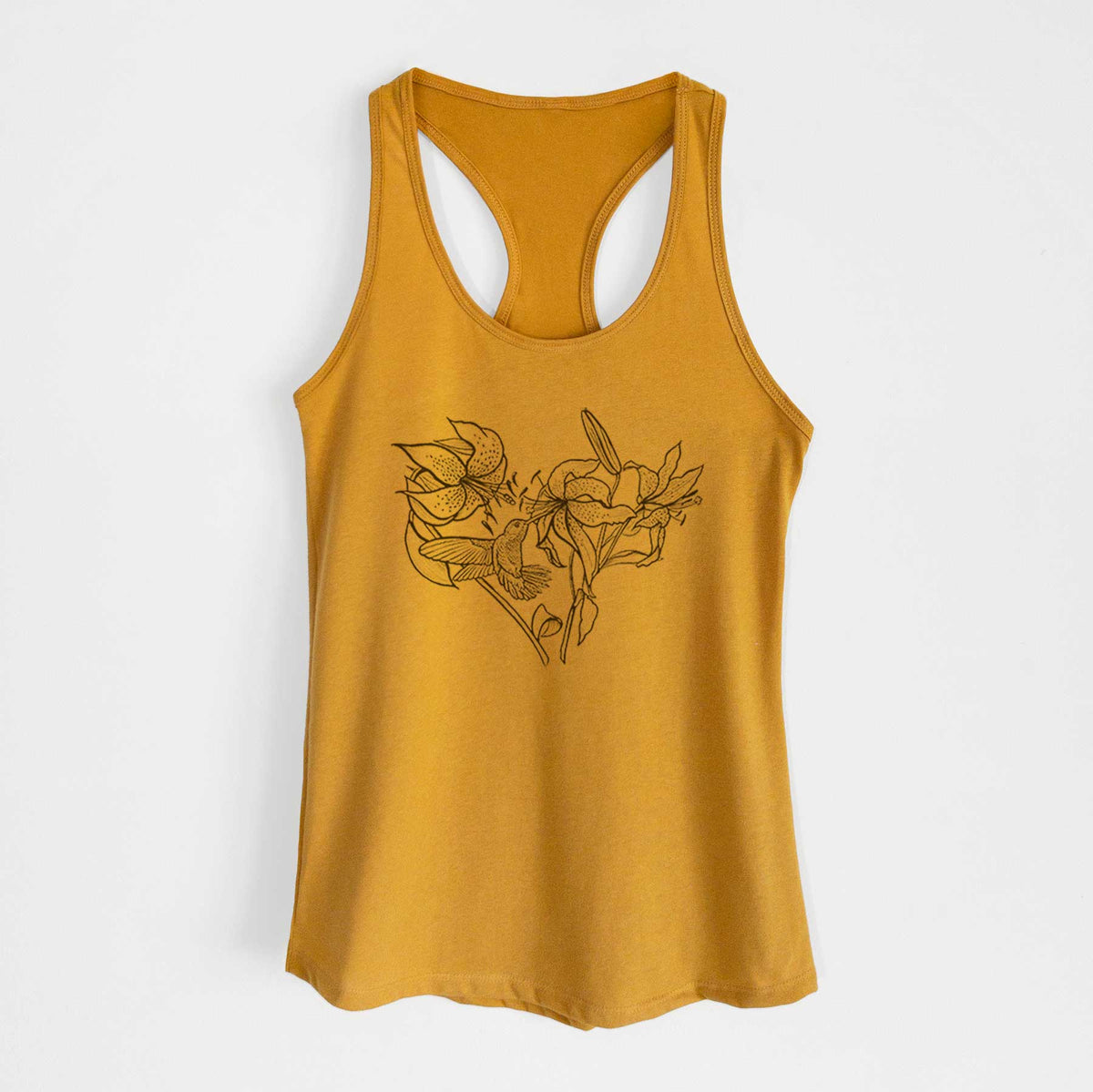 Gold women's racerback tank top laid flat, printed with a black ink line drawing of lilies and a hummingbird arranged in a heart shape.