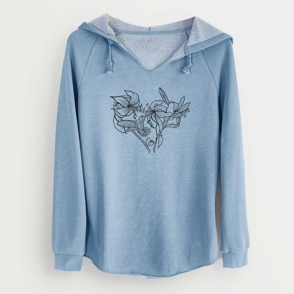 Misty blue women's Cali Wave hooded sweatshirt laid flat, printed with a black ink line drawing of lilies and a hummingbird arranged in a heart shape.