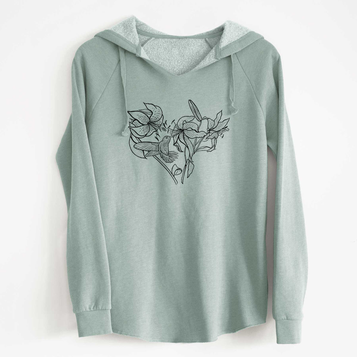 Sage green women's Cali Wave hooded sweatshirt laid flat, printed with a black ink line drawing of lilies and a hummingbird arranged in a heart shape.