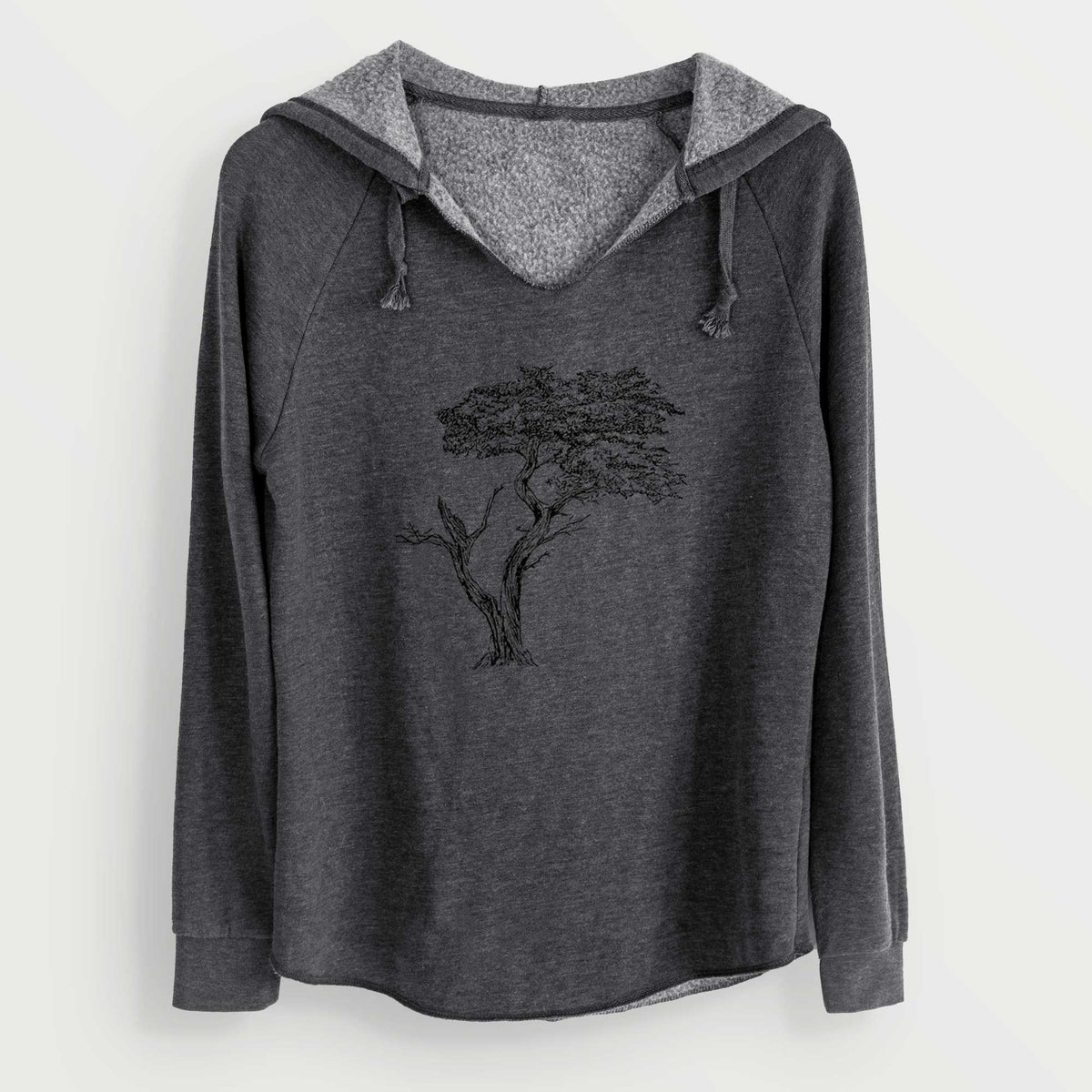 Charcoal grey women's Cali Wave hooded sweatshirt laid flat, printed with a black ink illustration of the windswept Lone Cypress tree on a rocky outcrop.