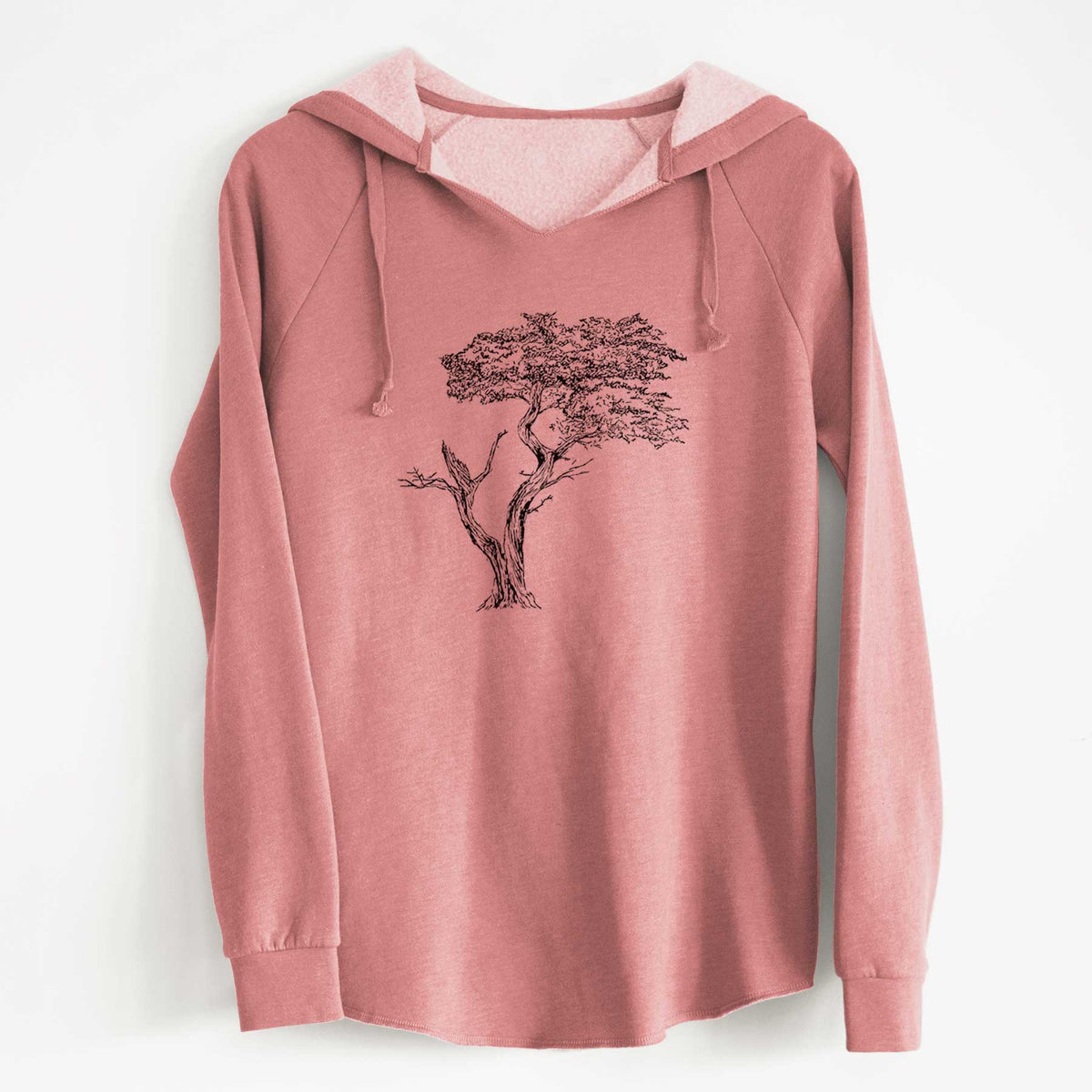 Dusty rose women's Cali Wave hooded sweatshirt laid flat, printed with a black ink illustration of the windswept Lone Cypress tree on a rocky outcrop.