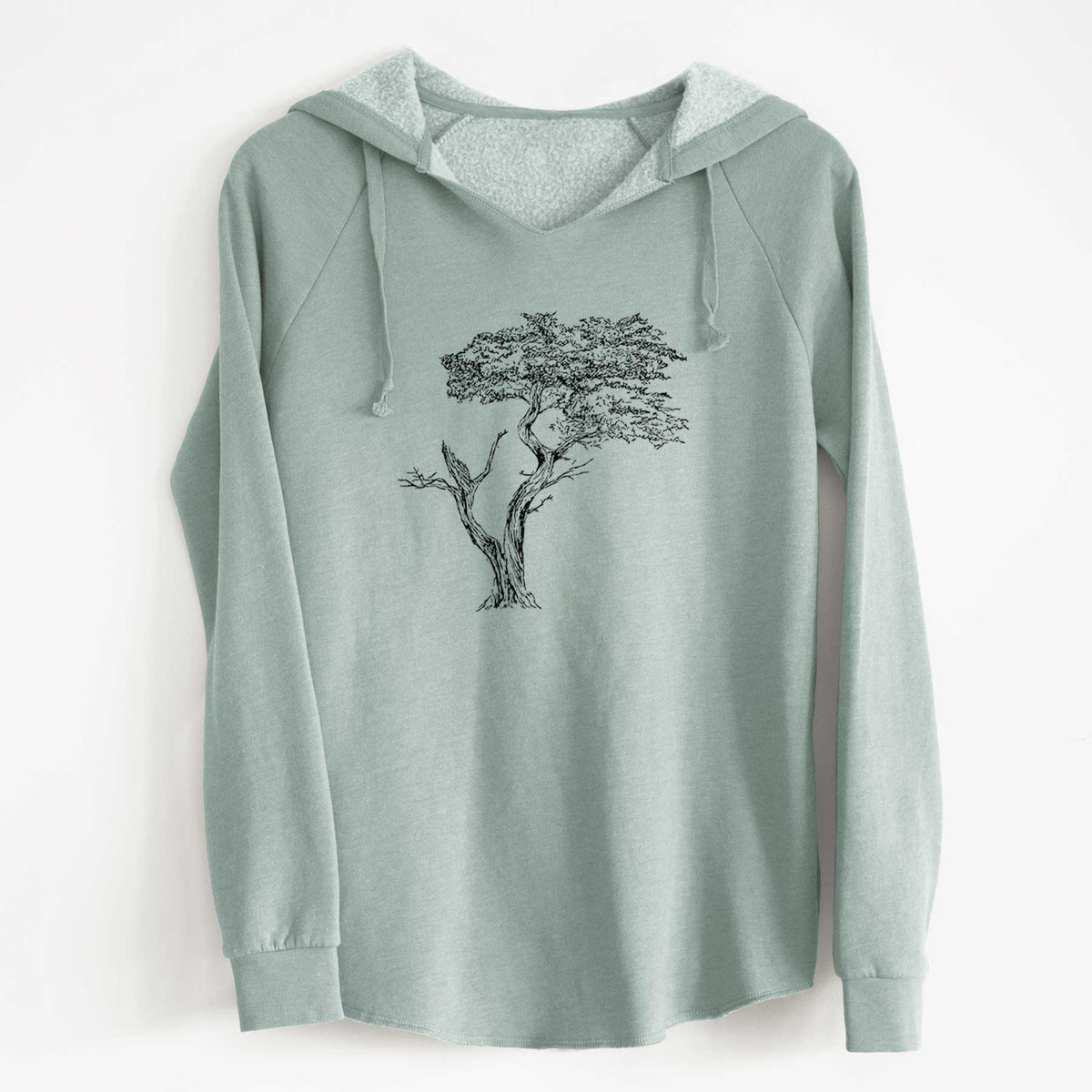 Sage green women's Cali Wave hooded sweatshirt laid flat, printed with a black ink illustration of the windswept Lone Cypress tree on a rocky outcrop.