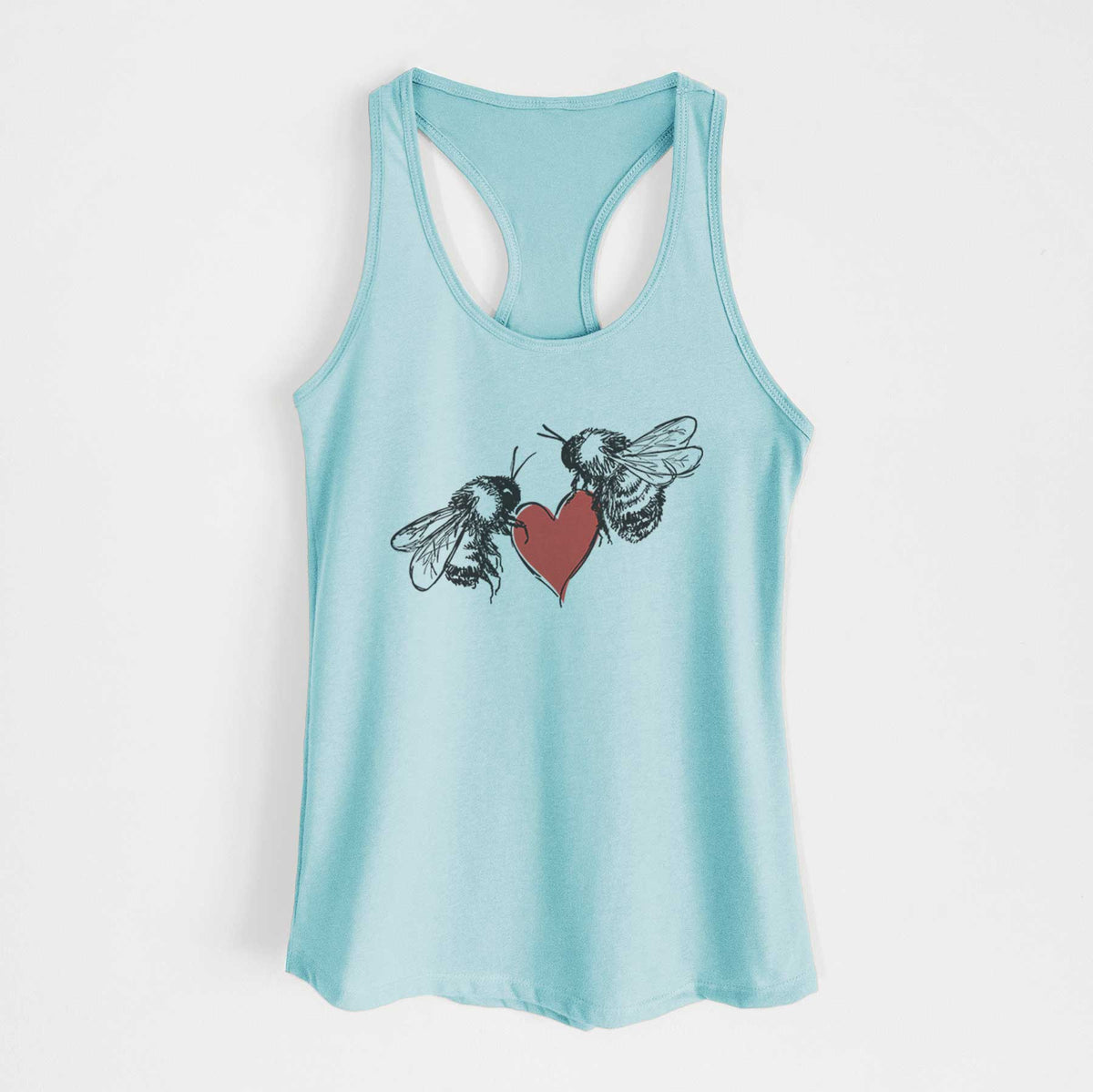 Cancun blue women's racerback tank top laid flat, printed with a black ink illustration of two bees facing each other with a red heart between them.