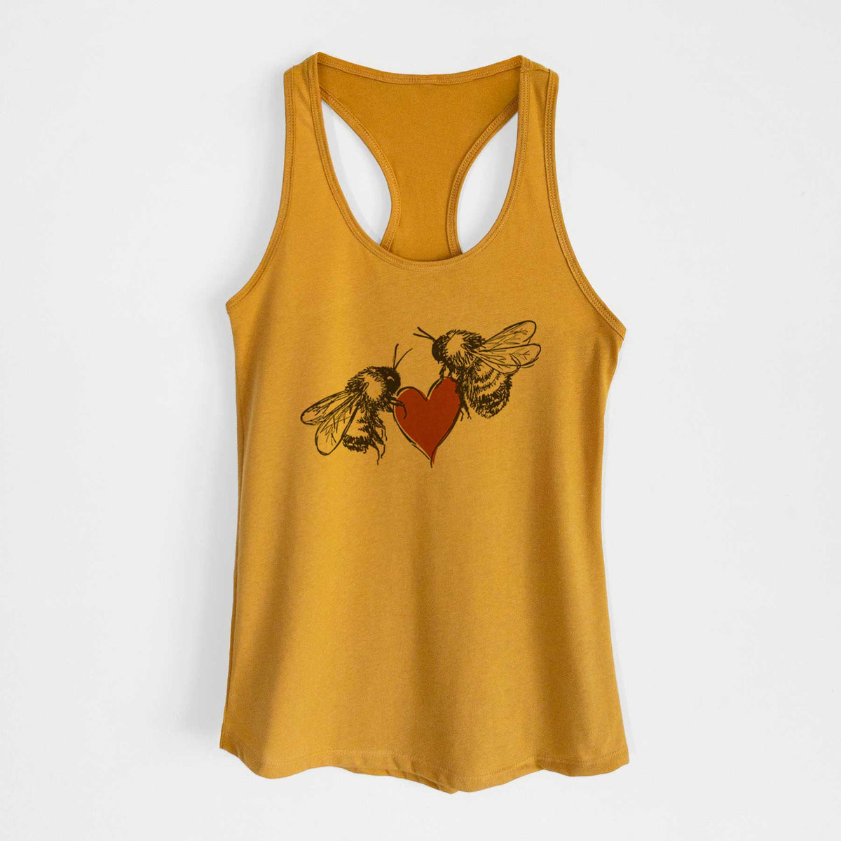 Gold women's racerback tank top laid flat, printed with a black ink illustration of two bees facing each other with a red heart between them.