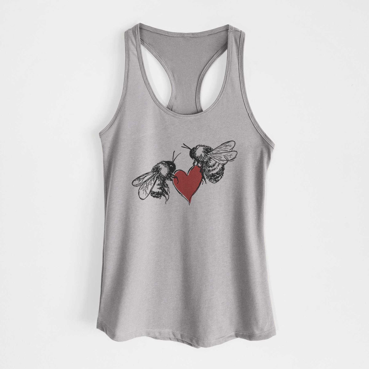 Heather grey women's racerback tank top laid flat, printed with a black ink illustration of two bees facing each other with a red heart between them.