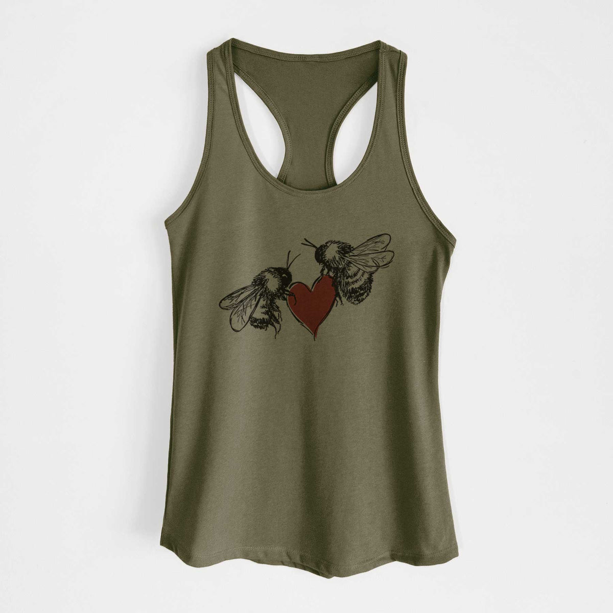 Military green women's racerback tank top laid flat, printed with a black ink illustration of two bees facing each other with a red heart between them.
