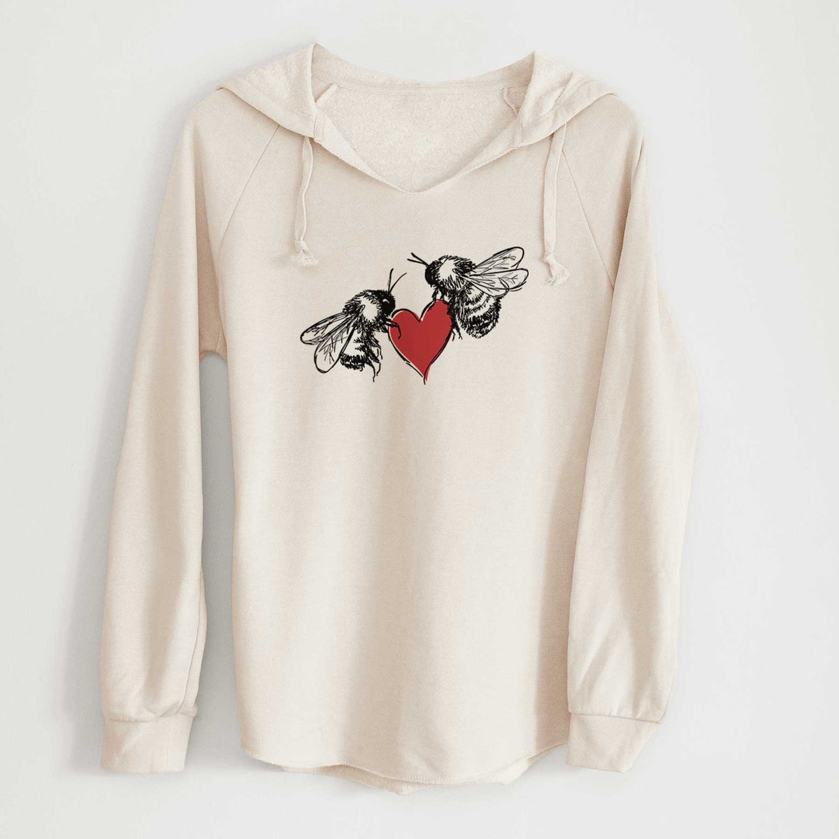 Bone cream women's Cali Wave hooded sweatshirt laid flat, printed with a black ink illustration of two bees facing each other with a red heart between them.
