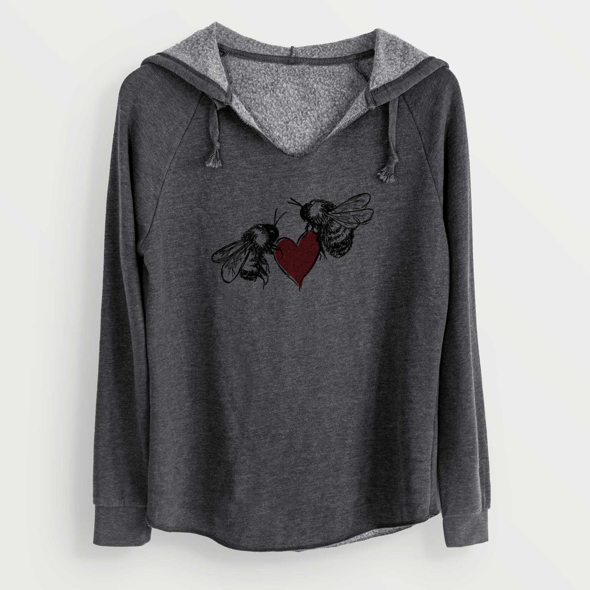 Charcoal grey women's Cali Wave hooded sweatshirt laid flat, printed with a black ink illustration of two bees facing each other with a red heart between them.