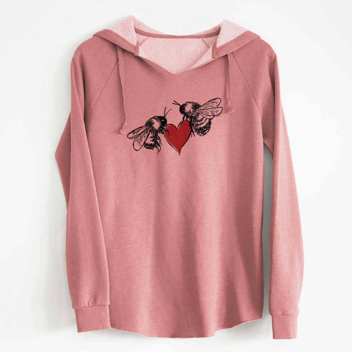 Dusty rose women's Cali Wave hooded sweatshirt laid flat, printed with a black ink illustration of two bees facing each other with a red heart between them.