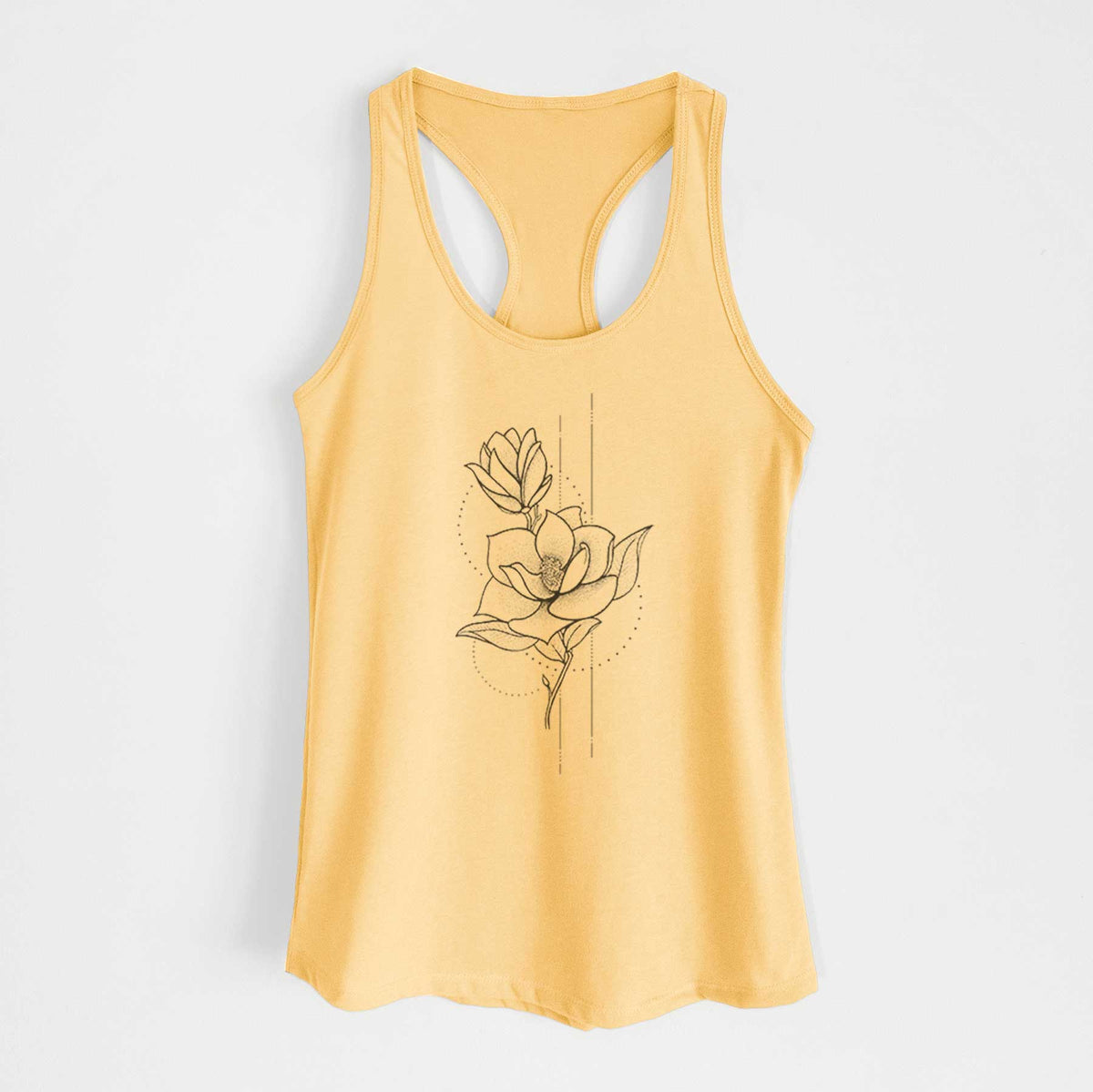 Banana cream women's racerback tank top laid flat, printed with a black ink line drawing of a magnolia blossom on a stem.