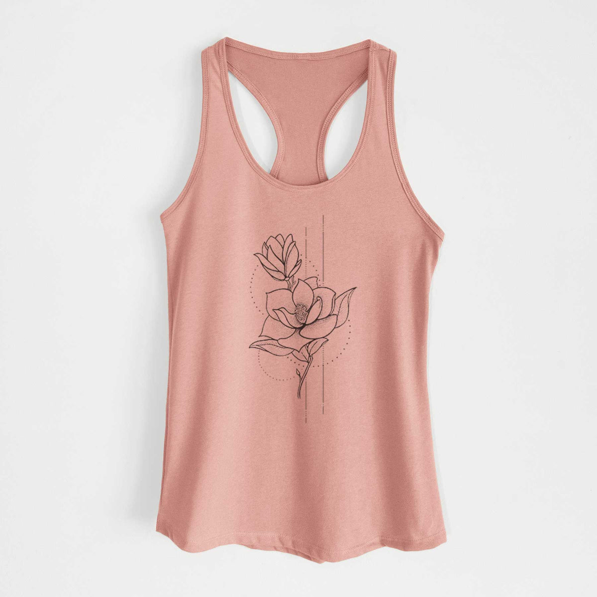 Desert pink women's racerback tank top laid flat, printed with a black ink line drawing of a magnolia blossom on a stem.