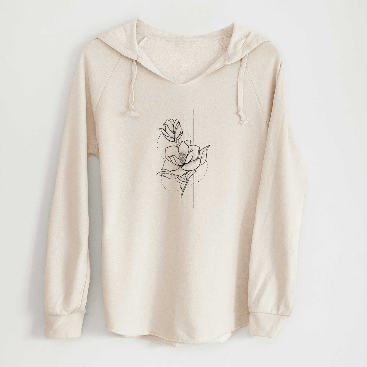 Bone cream women's Cali Wave hooded sweatshirt laid flat, printed with a black ink line drawing of a magnolia blossom on a stem.