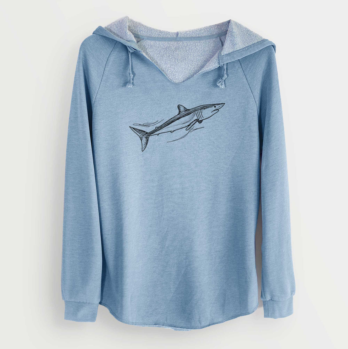 Misty blue women's Cali Wave hooded sweatshirt laid flat, printed with a black ink illustration of a mako shark swimming.