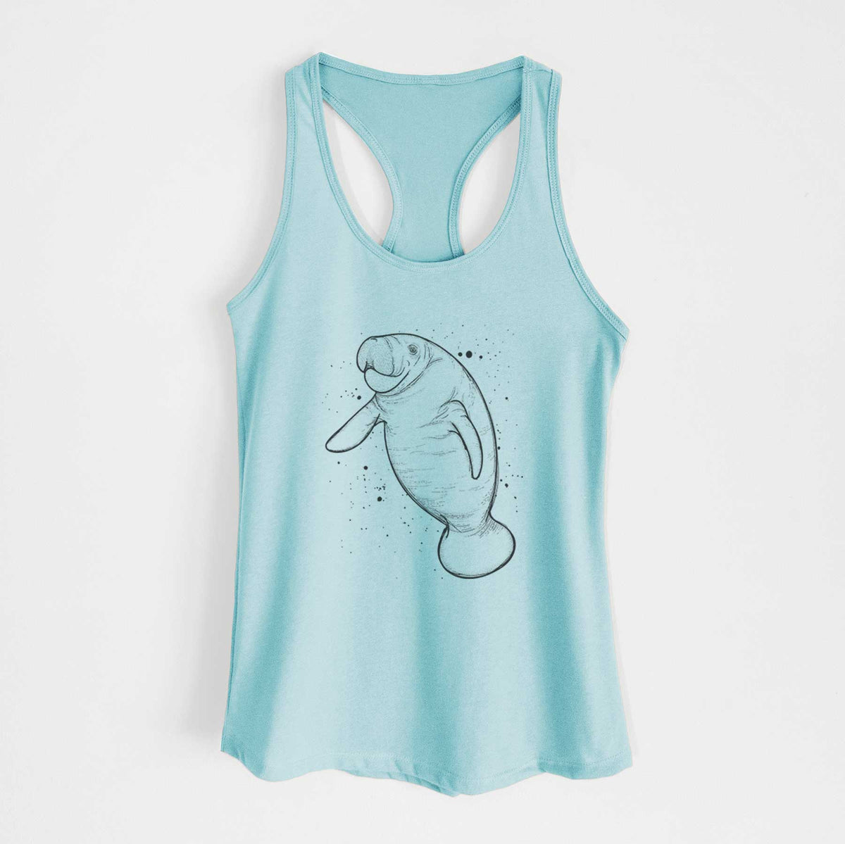 Cancun blue women's racerback tank top laid flat, printed with a black ink line drawing of a manatee swimming, with ink splatters.
