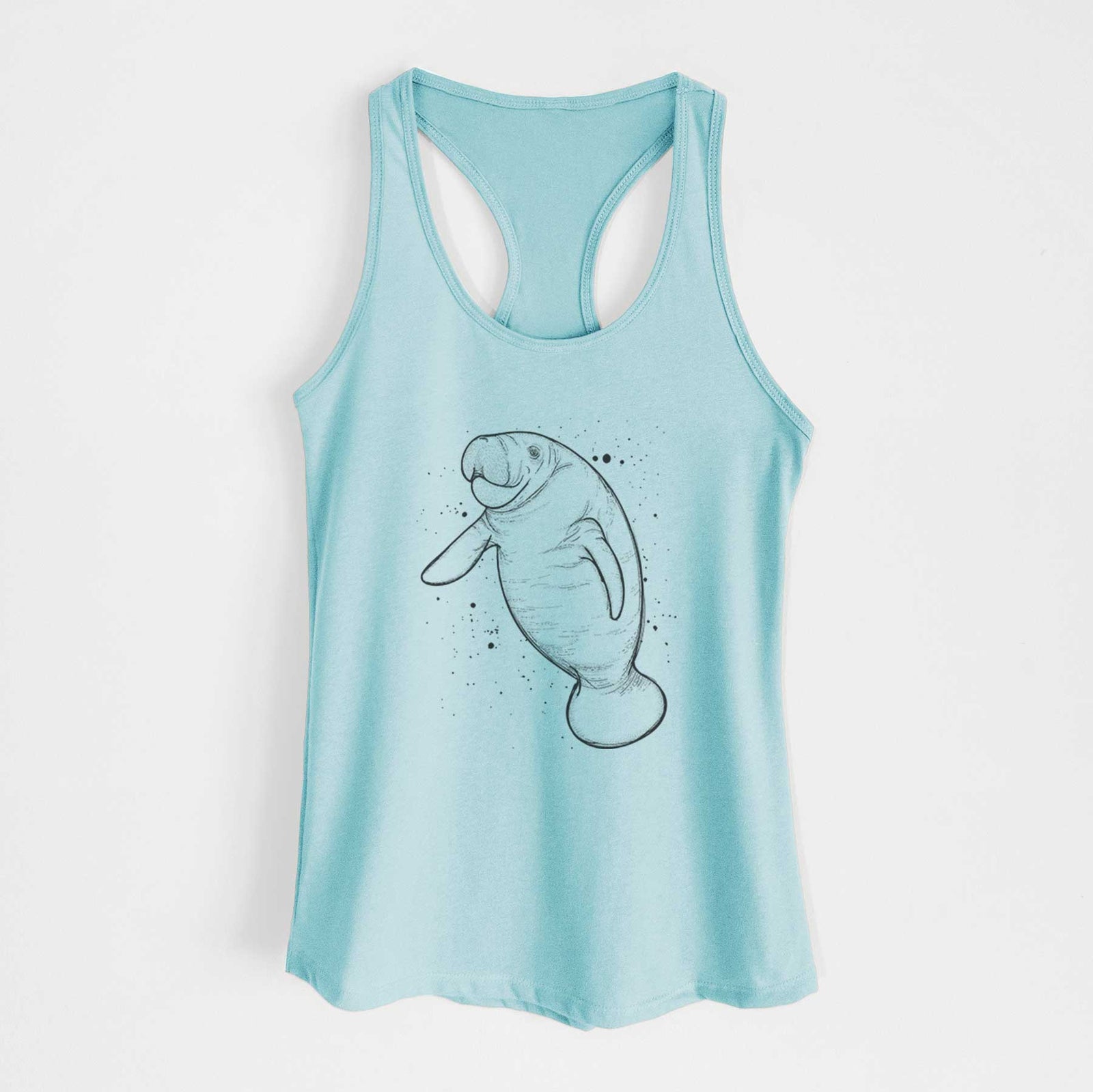 Banana cream women's racerback tank top laid flat, printed with a black ink line drawing of a manatee swimming, with ink splatters.