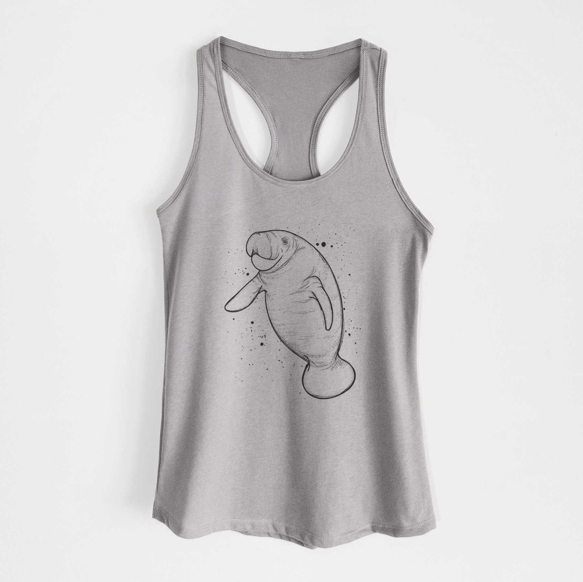 Heather grey women's racerback tank top laid flat, printed with a black ink line drawing of a manatee swimming, with ink splatters.