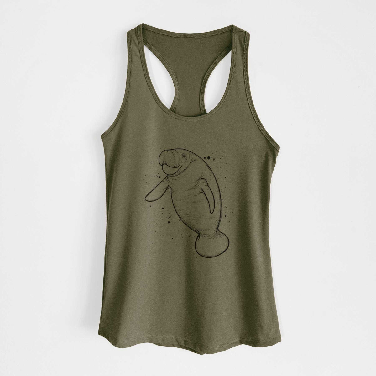 Military green women's racerback tank top laid flat, printed with a black ink line drawing of a manatee swimming, with ink splatters.