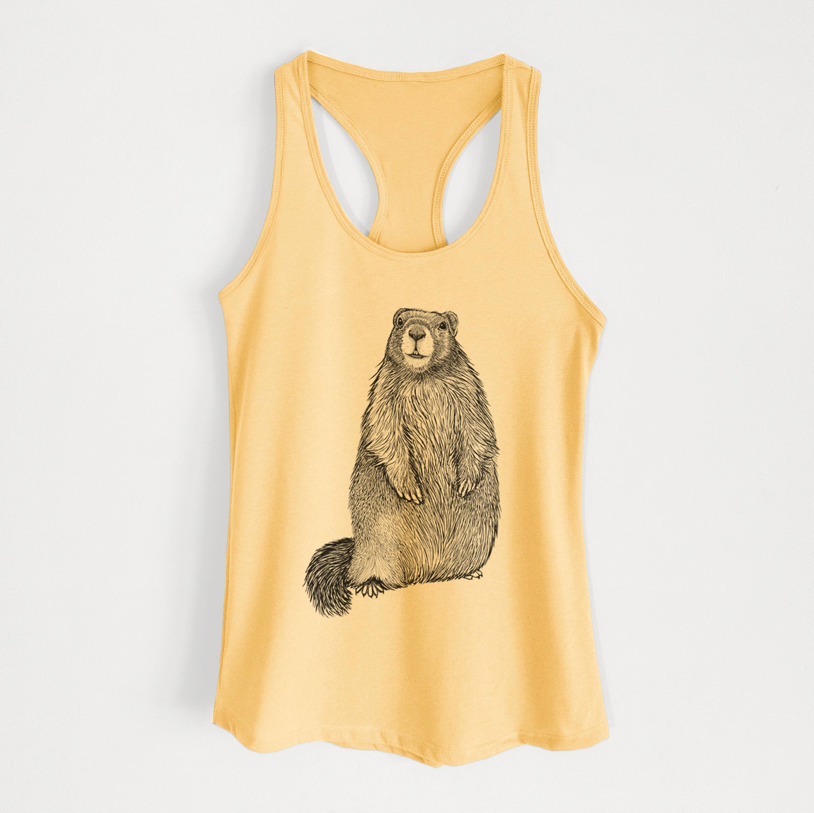 Banana cream women's racerback tank top laid flat, printed with a detailed black ink illustration of a marmot standing upright.