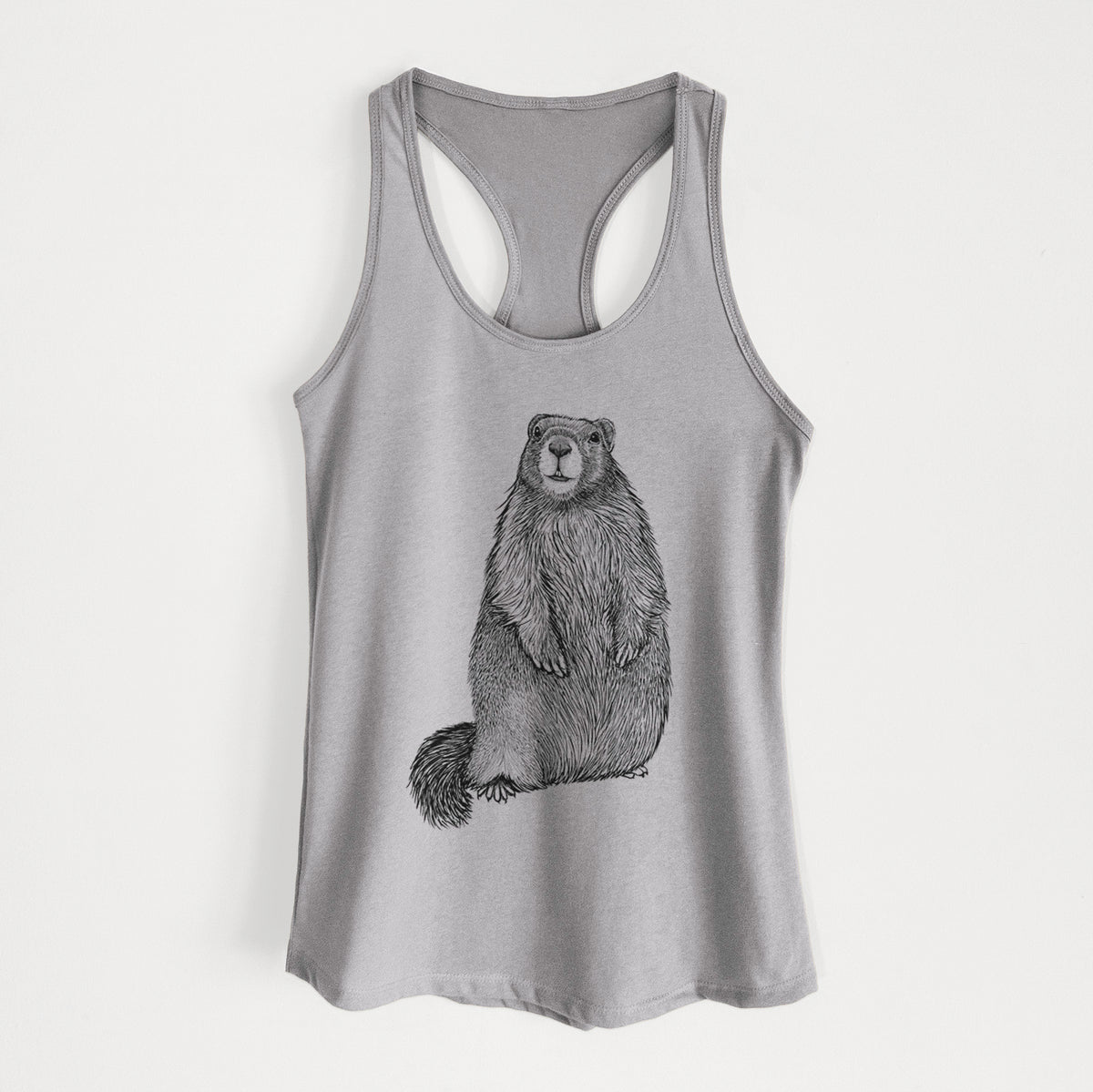 Heather grey women's racerback tank top laid flat, printed with a detailed black ink illustration of a marmot standing upright.
