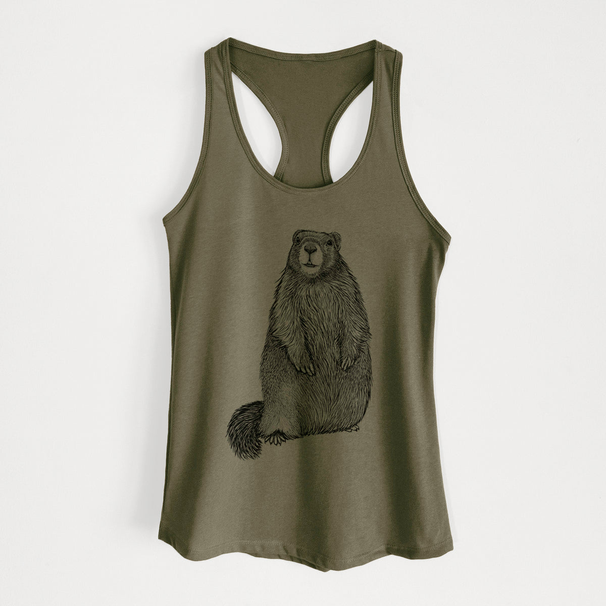 Military green women's racerback tank top laid flat, printed with a detailed black ink illustration of a marmot standing upright.