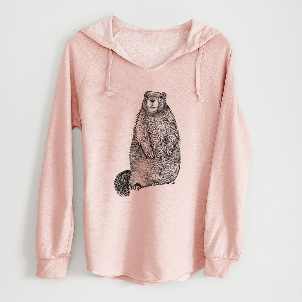 Blush pink women's Cali Wave hooded sweatshirt laid flat, printed with a detailed black ink illustration of a marmot standing upright.