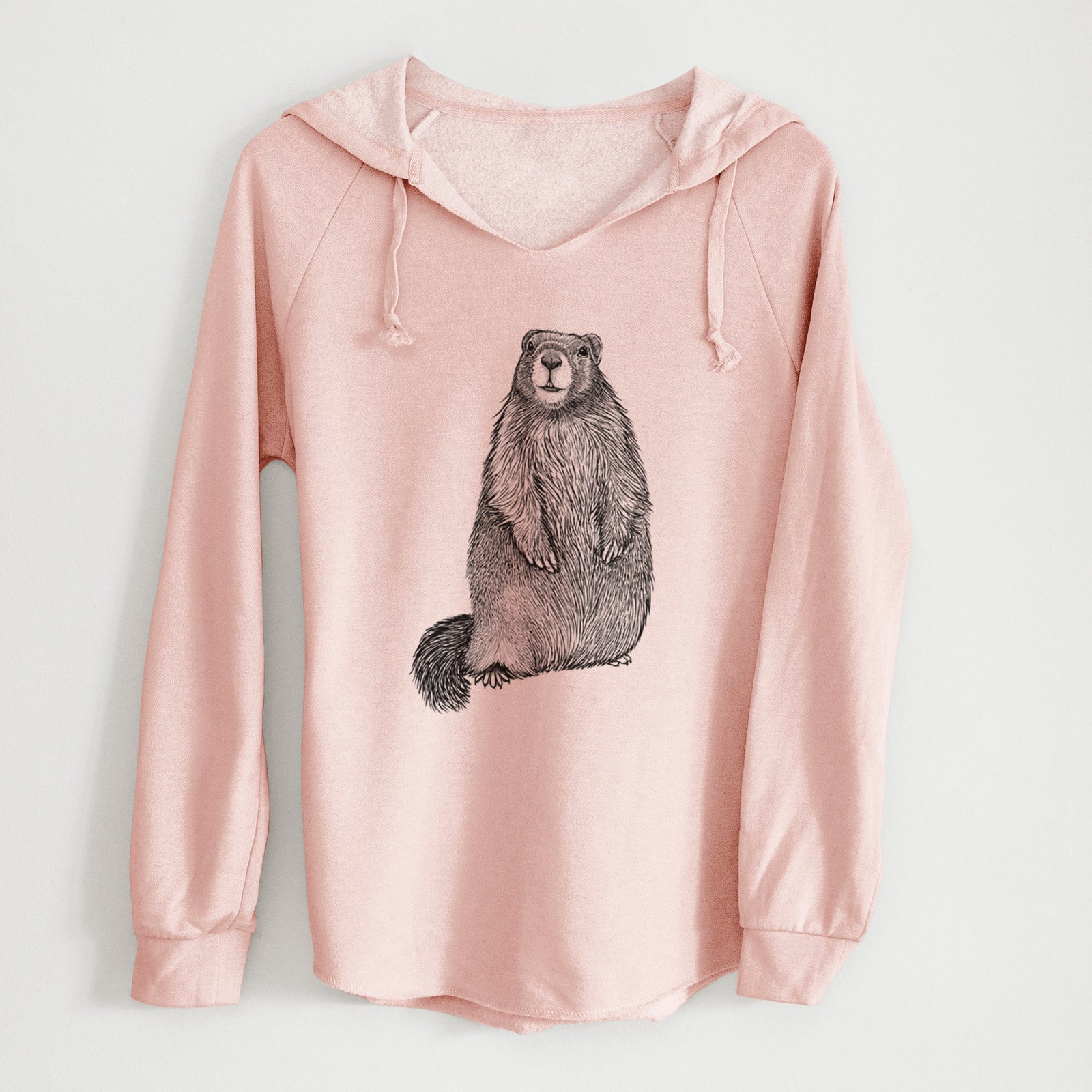 Sage green women's Cali Wave hooded sweatshirt laid flat, printed with a detailed black ink illustration of a marmot standing upright.