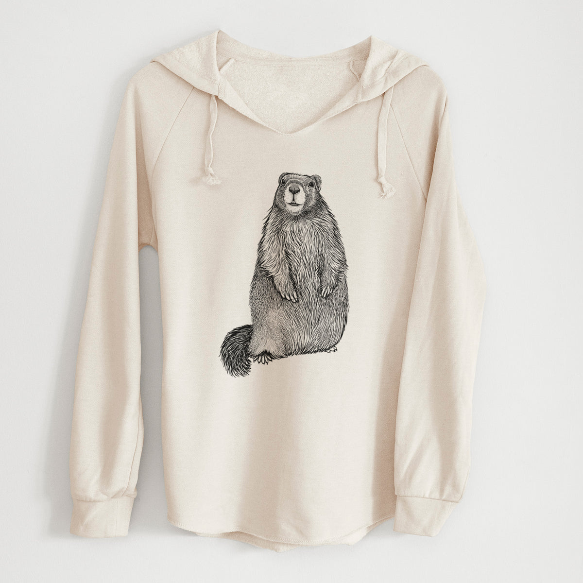 Bone cream women's Cali Wave hooded sweatshirt laid flat, printed with a detailed black ink illustration of a marmot standing upright.