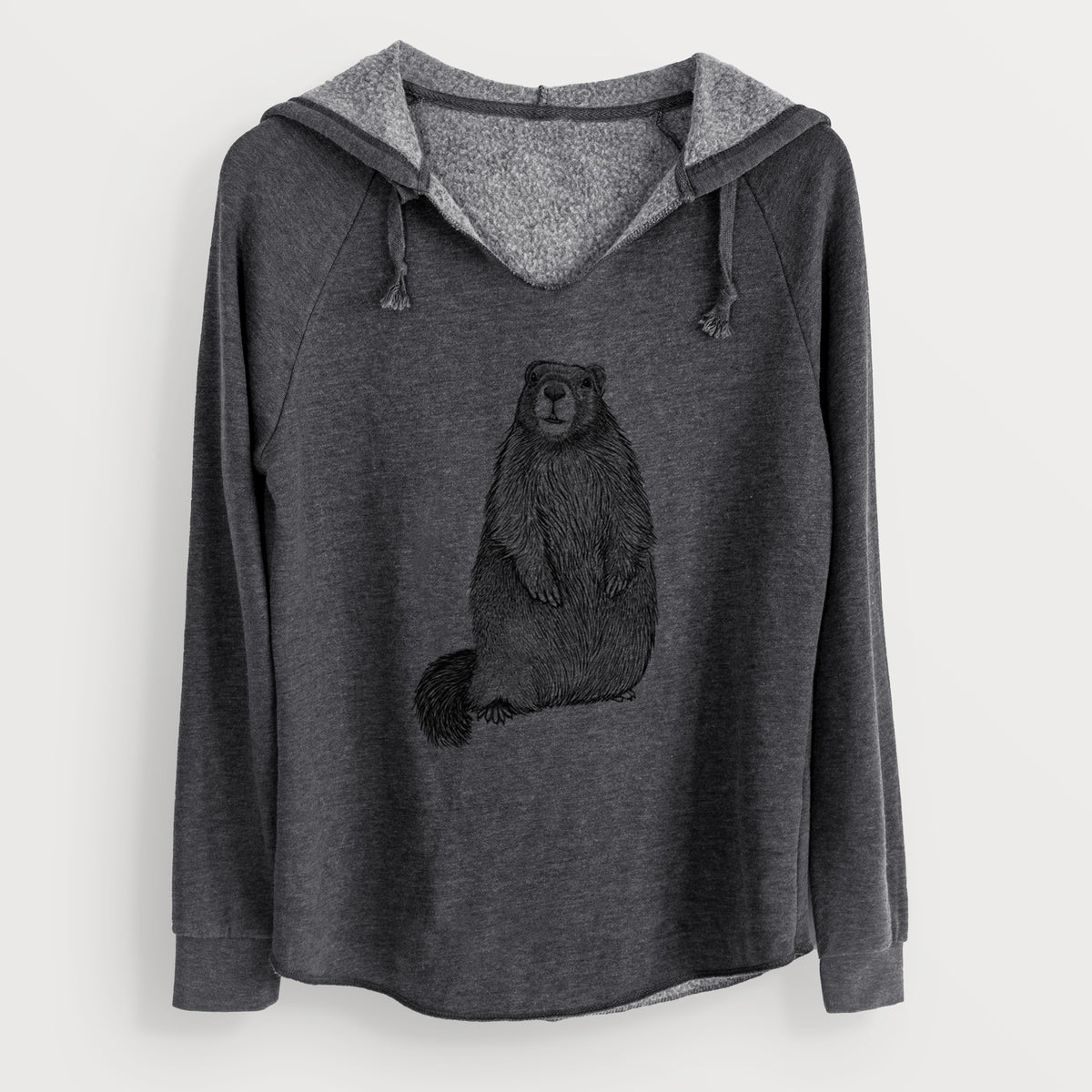 Charcoal grey women's Cali Wave hooded sweatshirt laid flat, printed with a detailed black ink illustration of a marmot standing upright.