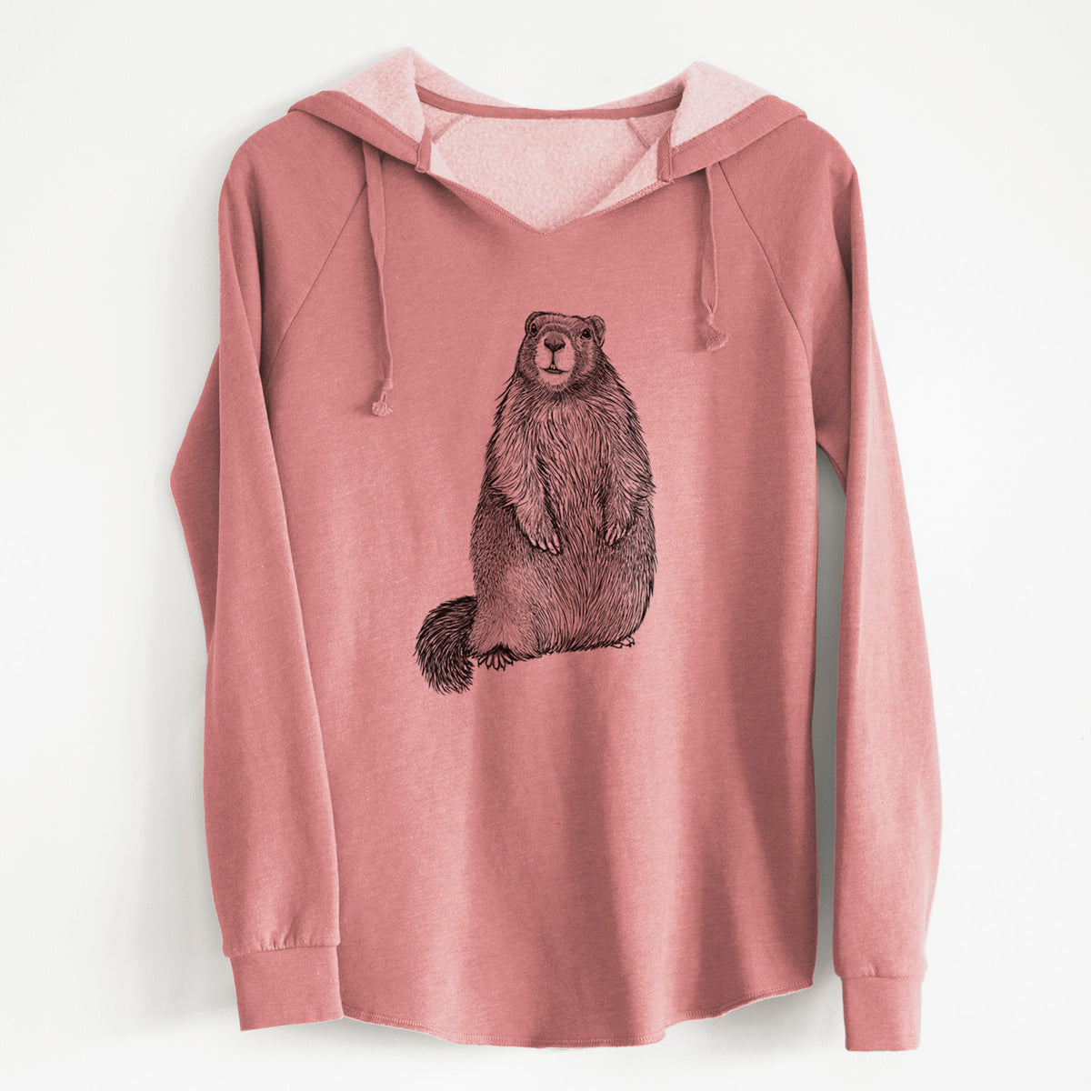 Dusty rose women's Cali Wave hooded sweatshirt laid flat, printed with a detailed black ink illustration of a marmot standing upright.