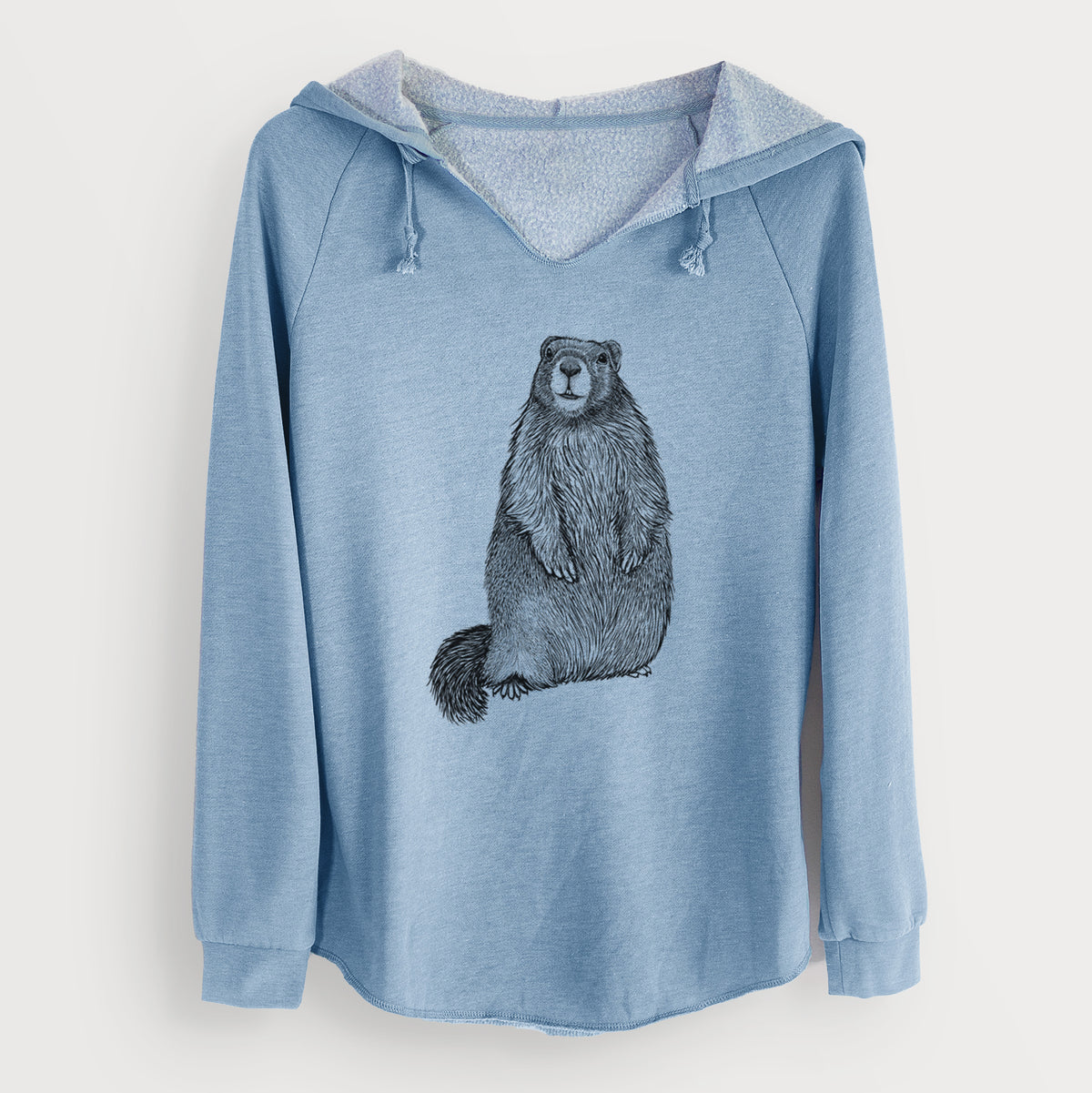 Misty blue women's Cali Wave hooded sweatshirt laid flat, printed with a detailed black ink illustration of a marmot standing upright.