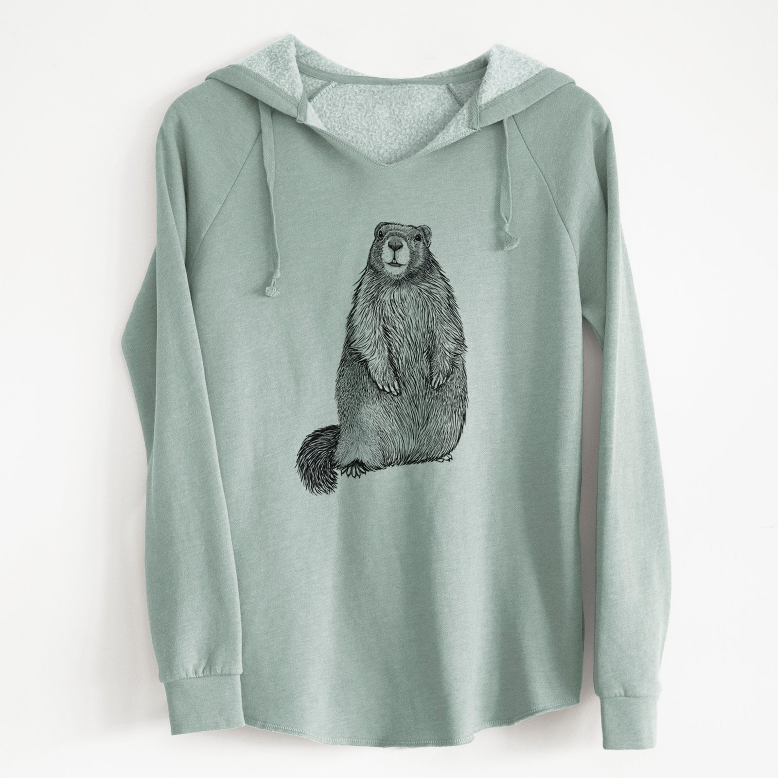 Sage green women's Cali Wave hooded sweatshirt laid flat, printed with a detailed black ink illustration of a marmot standing upright.