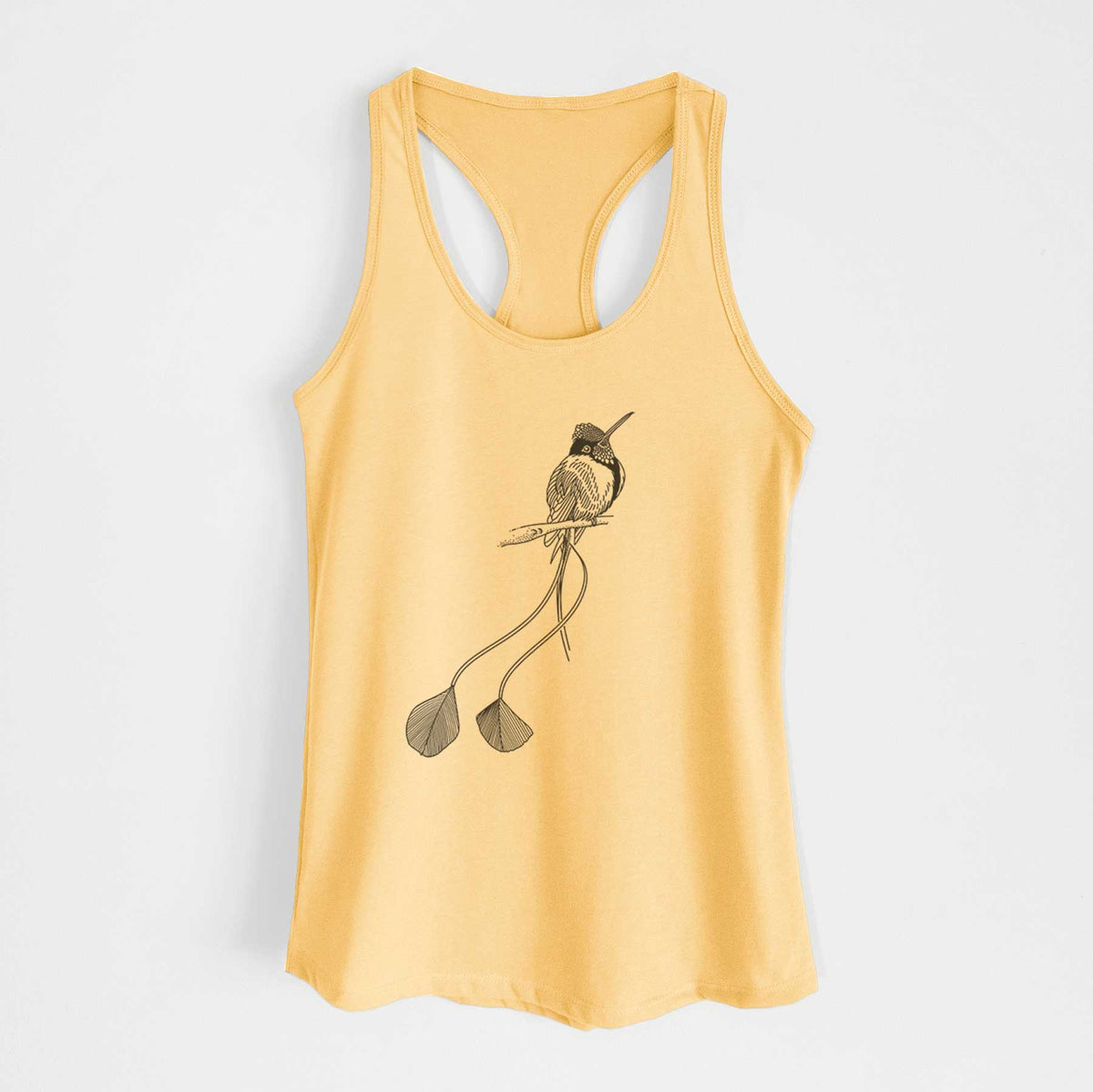 Banana cream women's racerback tank top laid flat, printed with a black ink illustration of a marvelous spatuletail hummingbird perched, with its two long racket-tipped tail feathers.
