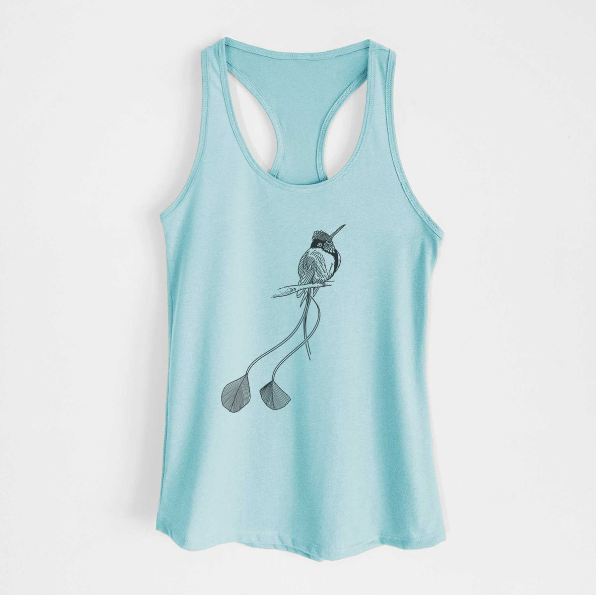 Cancun blue women's racerback tank top laid flat, printed with a black ink illustration of a marvelous spatuletail hummingbird perched, with its two long racket-tipped tail feathers.