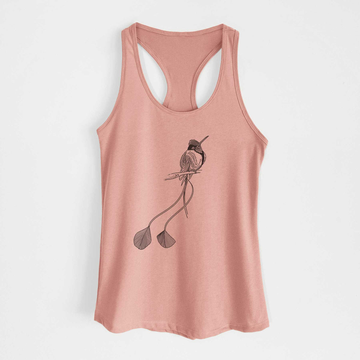Desert pink women's racerback tank top laid flat, printed with a black ink illustration of a marvelous spatuletail hummingbird perched, with its two long racket-tipped tail feathers.