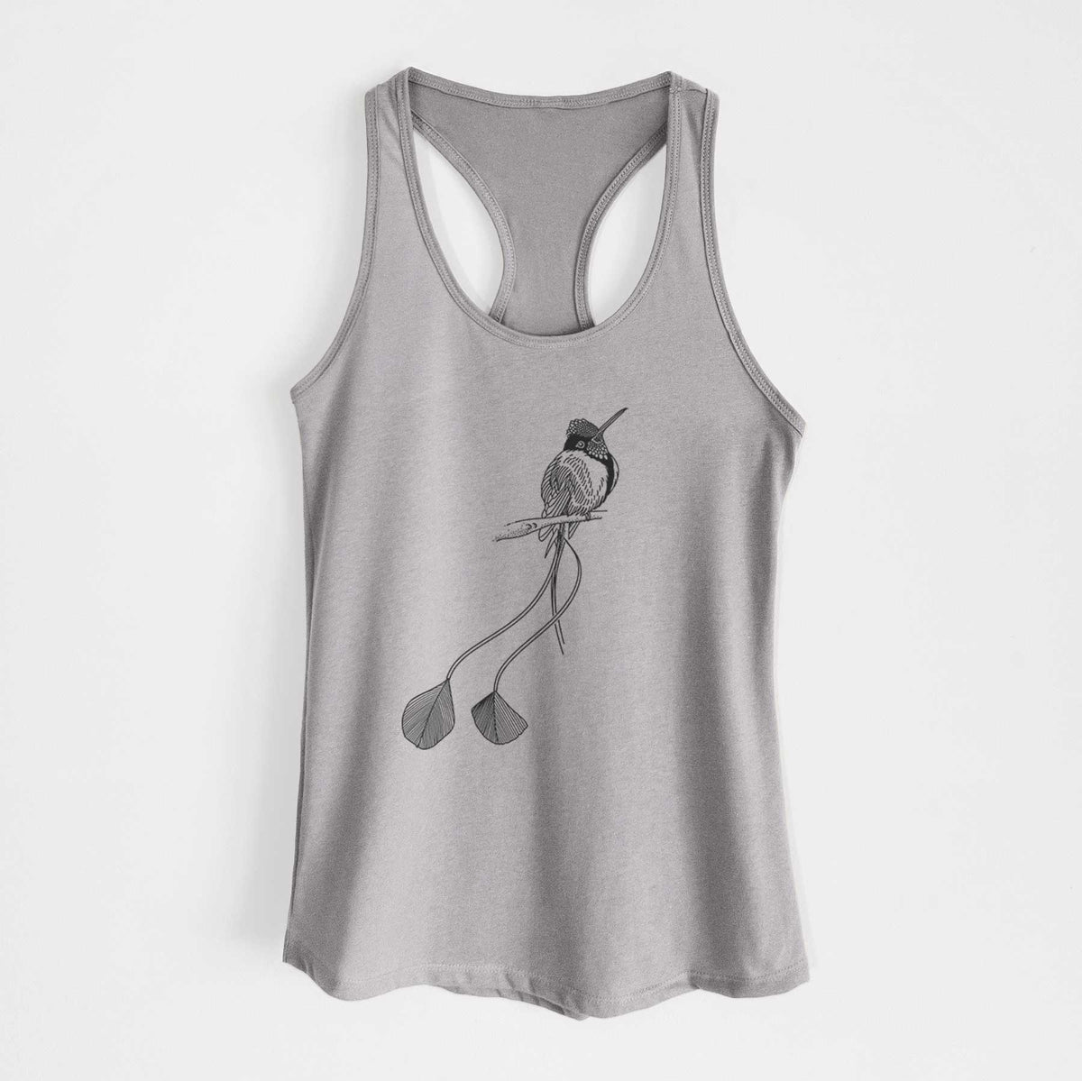 Heather grey women's racerback tank top laid flat, printed with a black ink illustration of a marvelous spatuletail hummingbird perched, with its two long racket-tipped tail feathers.