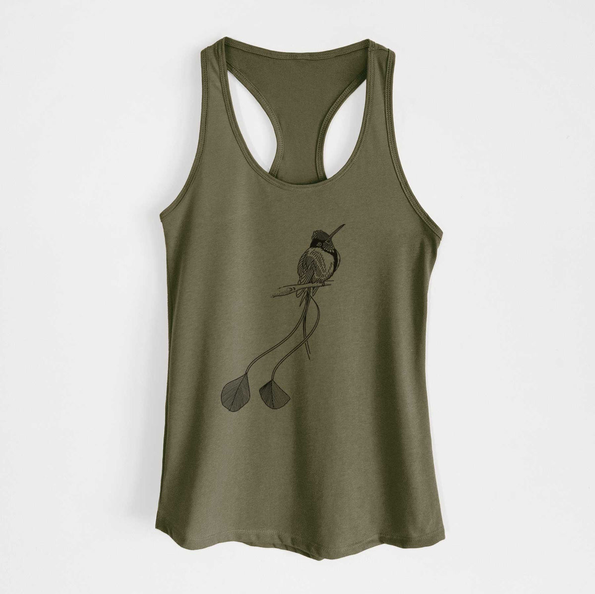 Military green women's racerback tank top laid flat, printed with a black ink illustration of a marvelous spatuletail hummingbird perched, with its two long racket-tipped tail feathers.