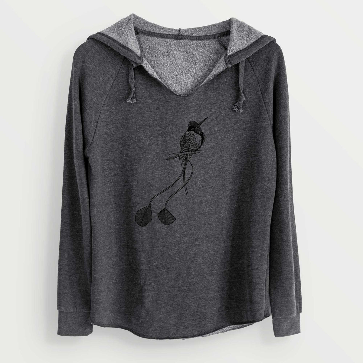 Charcoal grey women's Cali Wave hooded sweatshirt laid flat, printed with a black ink illustration of a marvelous spatuletail hummingbird perched, with its two long racket-tipped tail feathers.
