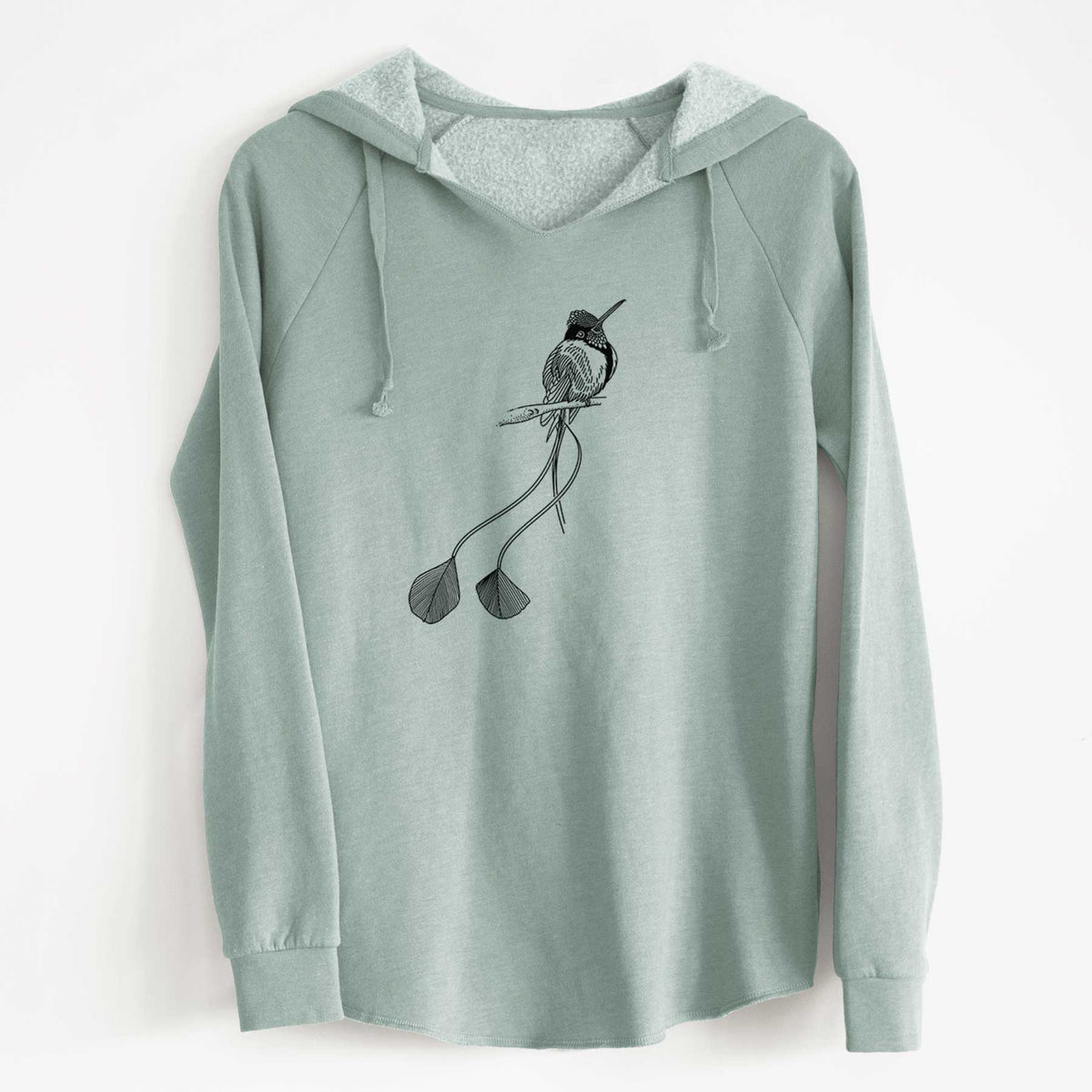 Sage green women's Cali Wave hooded sweatshirt laid flat, printed with a black ink illustration of a marvelous spatuletail hummingbird perched, with its two long racket-tipped tail feathers.