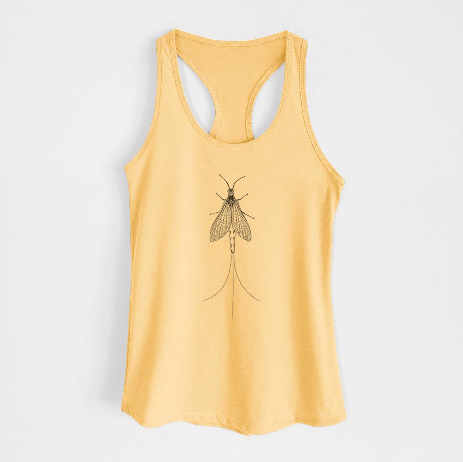 Banana cream women's racerback tank top laid flat, printed with a detailed black ink illustration of a mayfly with its wings raised and long tail filaments.