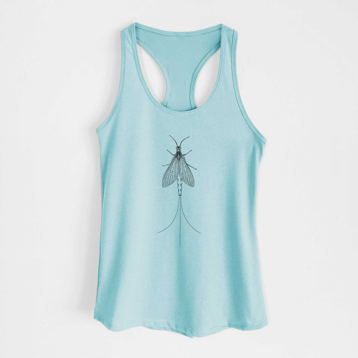 Cancun blue women's racerback tank top laid flat, printed with a detailed black ink illustration of a mayfly with its wings raised and long tail filaments.