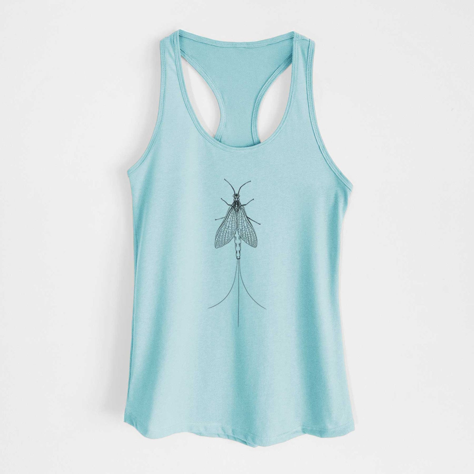 Banana cream women's racerback tank top laid flat, printed with a detailed black ink illustration of a mayfly with its wings raised and long tail filaments.