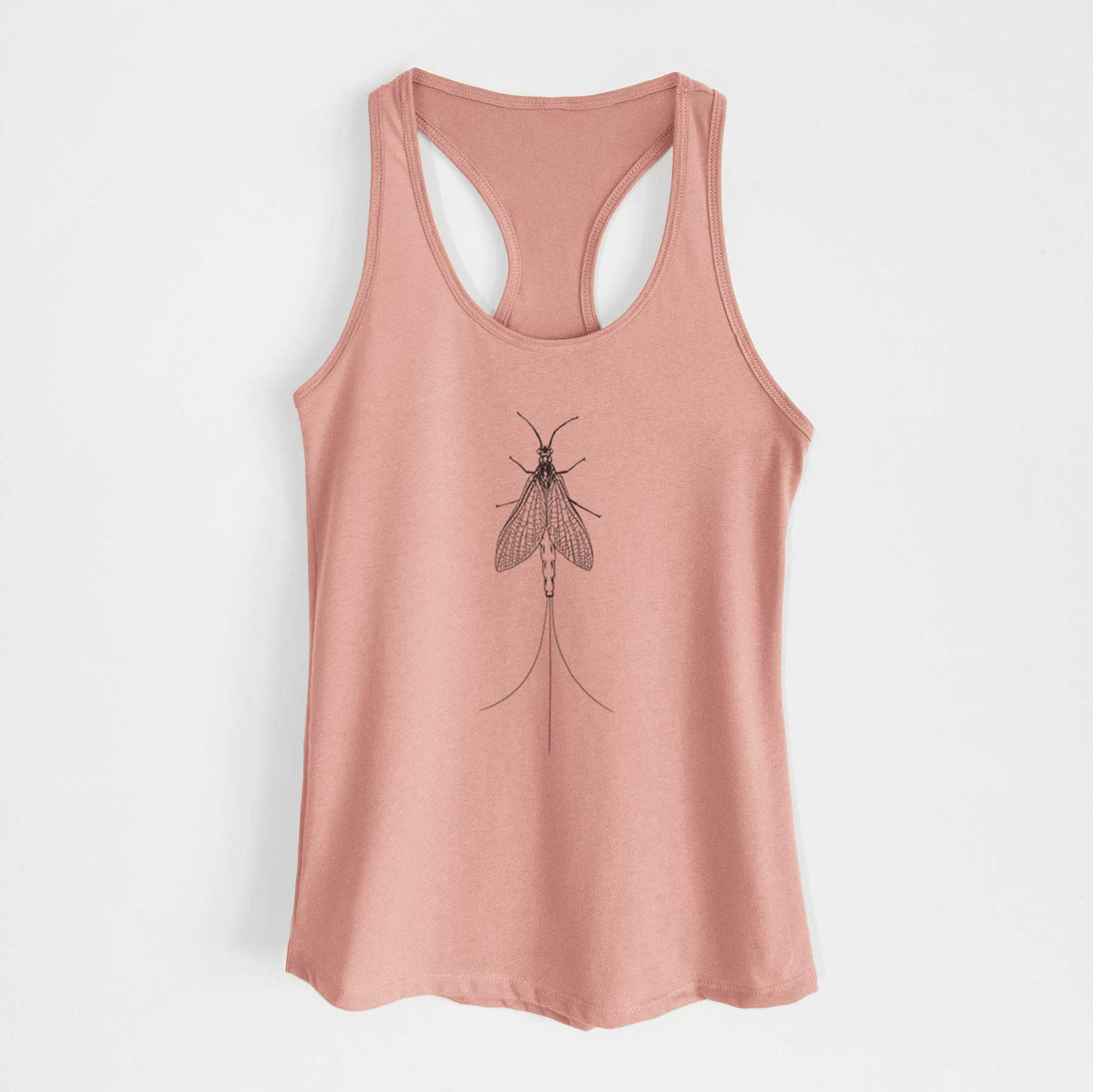 Desert pink women's racerback tank top laid flat, printed with a detailed black ink illustration of a mayfly with its wings raised and long tail filaments.